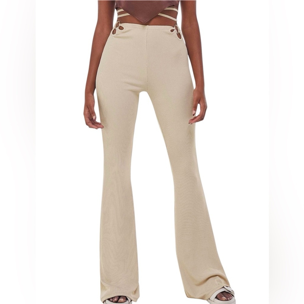🥥 Bershka Beige High-Waist Flared Knit Pants 🥥